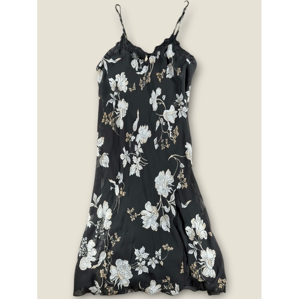 Linea Donatella Floral Midi Slip Dress Black Lace Trim Side Slit BOP120 Womens M